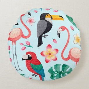 Coussins Ronds Watercolor illustrations of birds, tropical flower