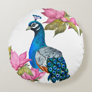 Coussins Ronds Watercolor peacock