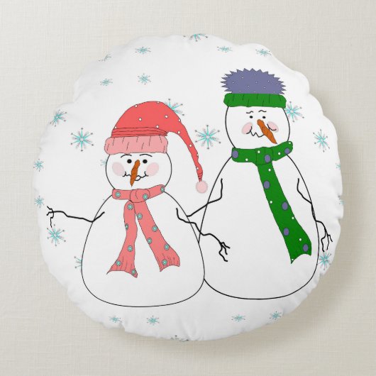 Coussins Ronds Whimsical M. et Mme Snowman Snowing Winter Art (Devant)
