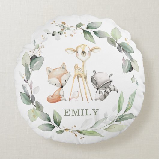 Coussins Ronds Whimsical mignon Bois Animaux Verdure Wreath (Devant)