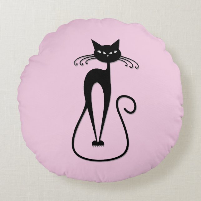 Coussins Ronds Whimsical Skinny Chat noir rose (Devant)
