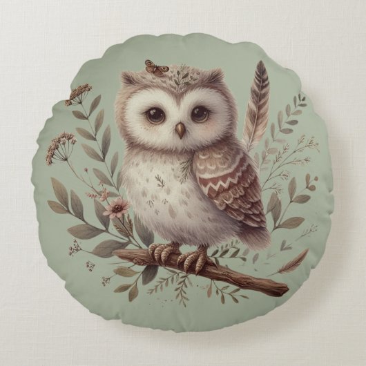 Coussins Ronds Whimsical Woodland Owl Botanical Illustration (Devant)