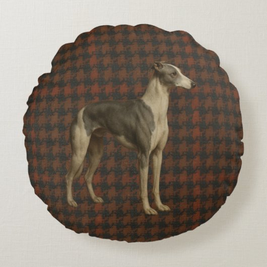 Coussins Ronds Whippet round cushion. Whippet on tweed/tartan (Devant)