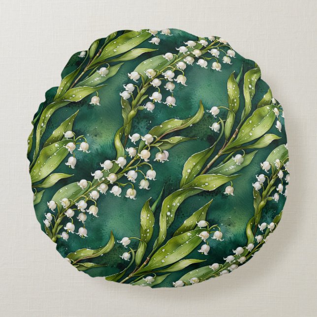 Coussins Ronds White Lily of the Valley on Teal (Devant)