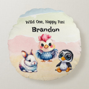 Coussins Ronds Wild One Happy Fun Woodland Animaux Aquarelle