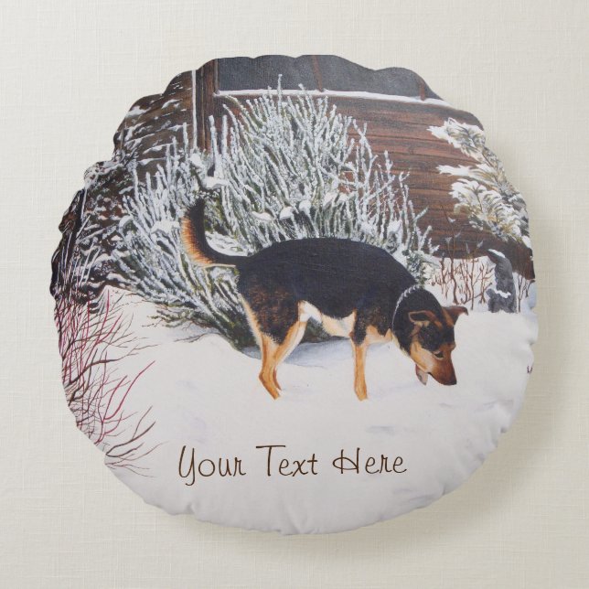 Coussins Ronds Winter snow scene with cute black and tan dog (Devant)
