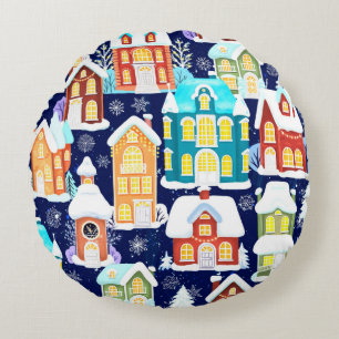 Coussins Ronds Winter town with victorian houses. Christmas theme