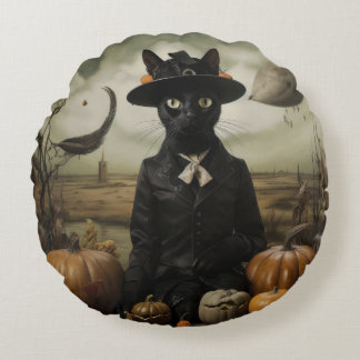 Coussins Ronds Witch Cat with Pumpkins 