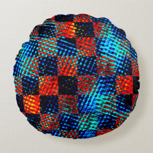 Coussins Ronds Xadrez azul, laranja quase vermelho, faux sujo