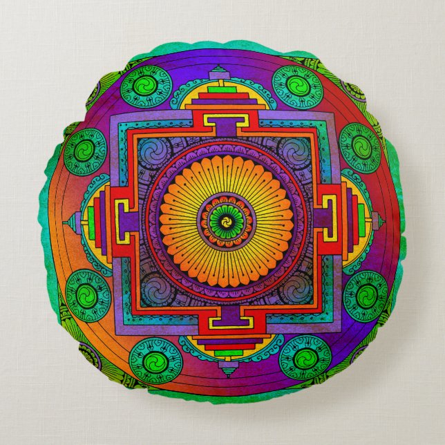 Coussins Ronds YANTRA - grande roue - violet vert (Devant)