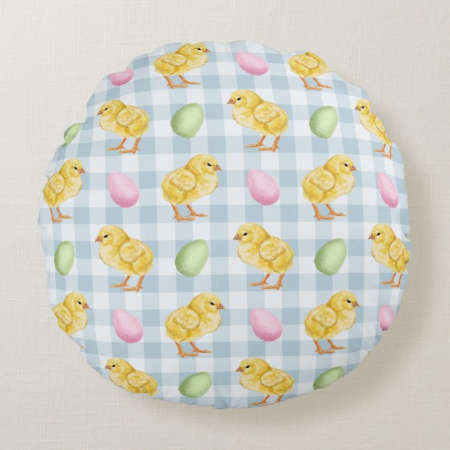 Coussins Ronds Yellow Chicks And Eggs On Blue Gingham Pattern (Devant)