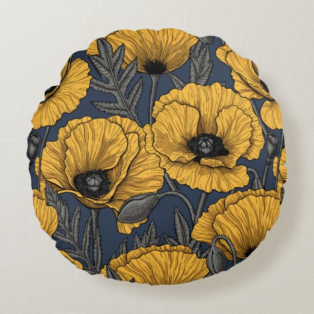 Coussins Ronds Yellow poppies on navy (Devant)