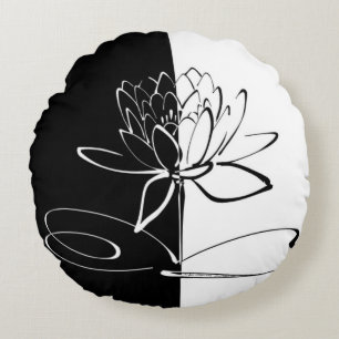 Coussins Ronds Yin Yang Fleur de Lotus Noir et Blanc