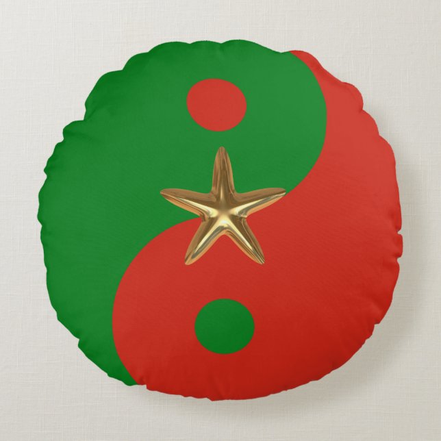Coussins Ronds Yin Yang rouge et vert avec Gold Star (Devant)