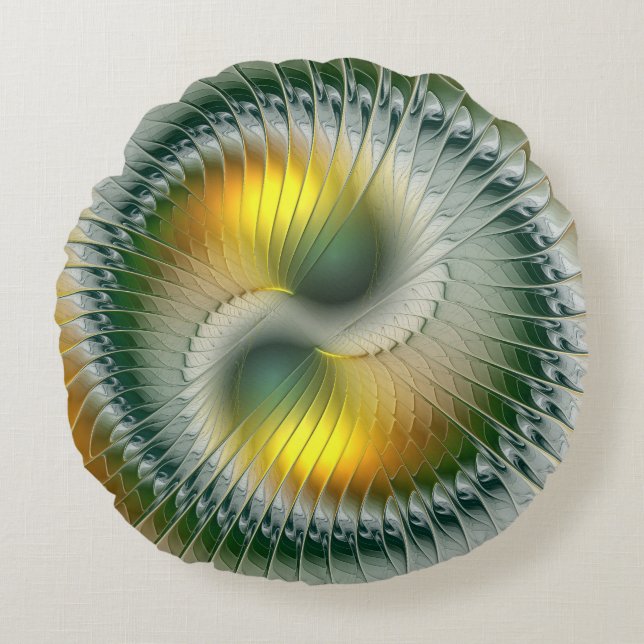 Coussins Ronds Yin Yang Vert Jaune Abstrait coloré Fractal (Devant)