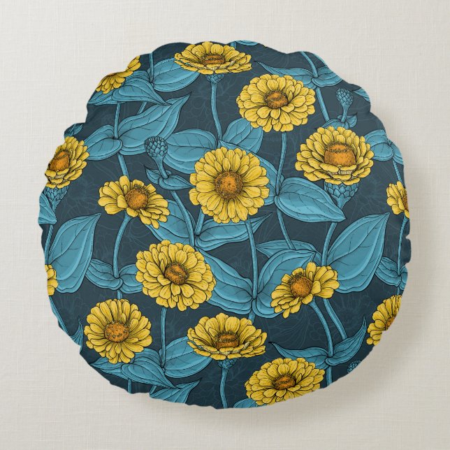 Coussins Ronds Zinnias jaune sur bleu foncé (Devant)