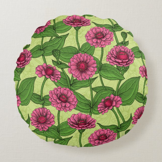 Coussins Ronds Zinnias rose sur vert clair (Devant)