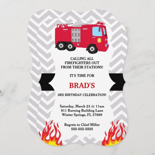 Coute Fire Truck Pompier Invitation d'anniversaire (Devant / Derrière)
