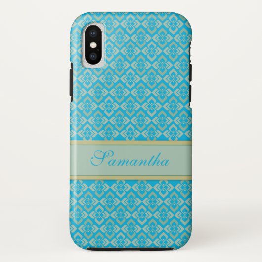 Couture diamant blauw gouden patroon aangepaste na Case-Mate iPhone case (Achterkant)