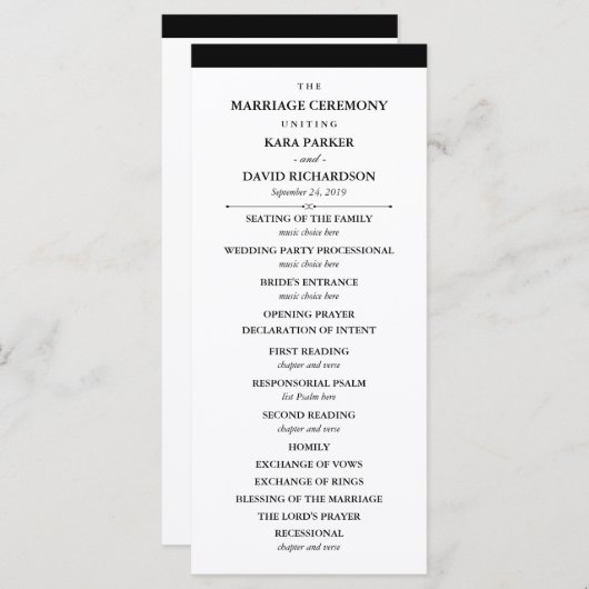 Couture élégante | Programme de mariage noir et bl (Devant / Derrière)