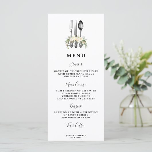 couverts fleuris verdure Carte menu mariage (Debout devant)