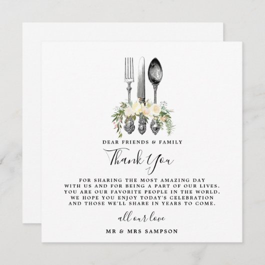 couverts mariage fleuris merci carte de réception (Devant / Derrière)