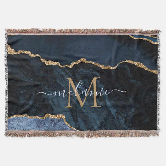 Couverture Agate Marine Blue Gold Gemstone Marble Nom du mono (Devant)
