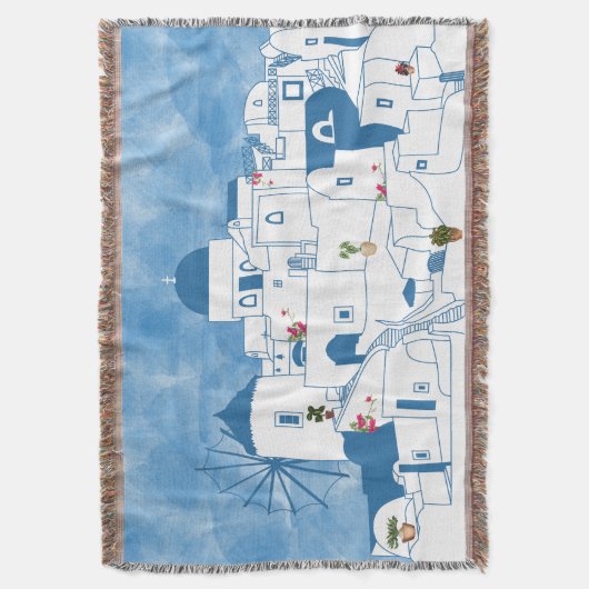 Couverture Aquarelle bleue et blanche Santorin Grèce (devant Vertical)