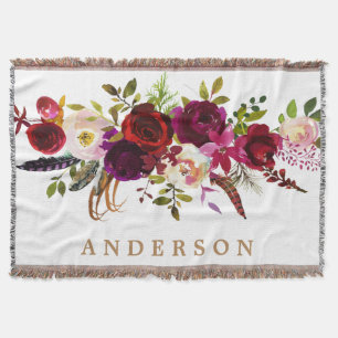Couverture Aquarelle Bohème Floral Bourgogne Marsala Rouge
