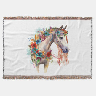 Couverture Aquarelle Fleur Boho Horse Pastel
