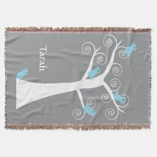 Couverture Arbre Spirale Blanc Fantaisiste avec Oiseaux Bleus (Devant)