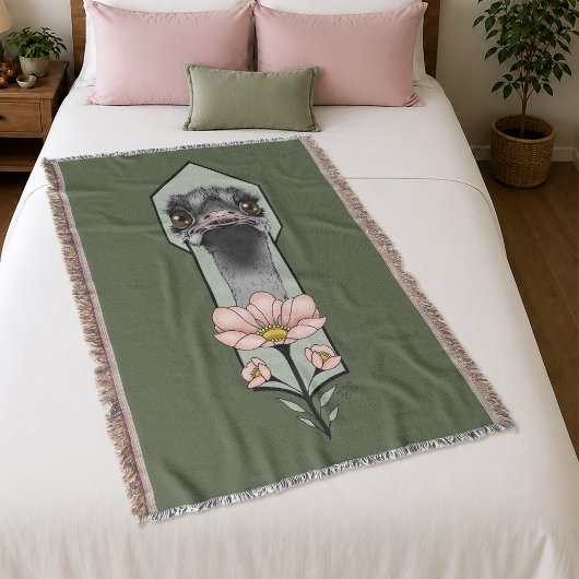 Couverture Autruche Rose Fleurs Vert Olive Art Déco