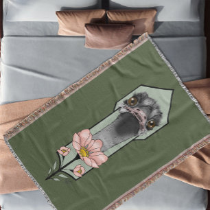 Couverture Autruche Rose Fleurs Vert Olive Art Déco