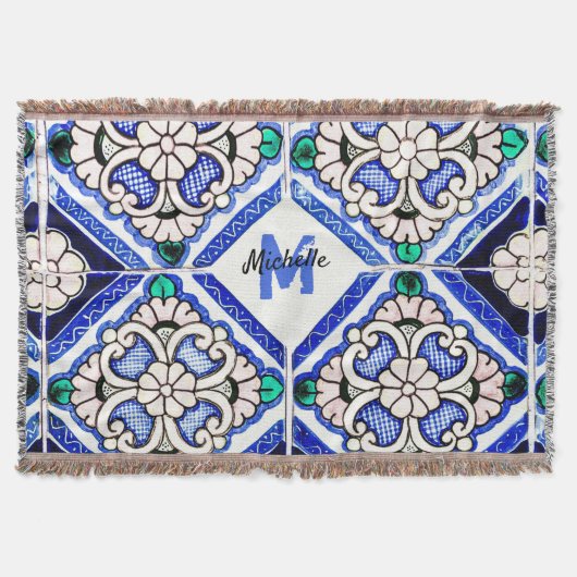 Couverture Azulejo Motif espagnol Carreaux marine Monogramme  (Devant)