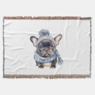 Couverture Bébé Bouledogue d'Hiver en Casquette et Écharpe Bl