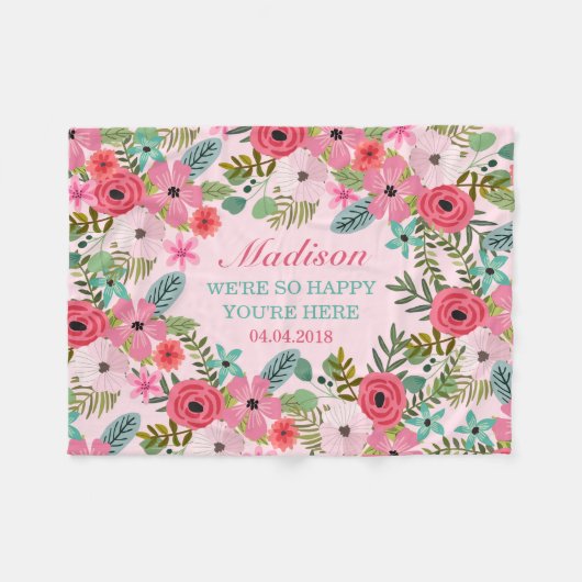 Couverture bébé fleurie rose personnalisée (Devant (Horizontal))