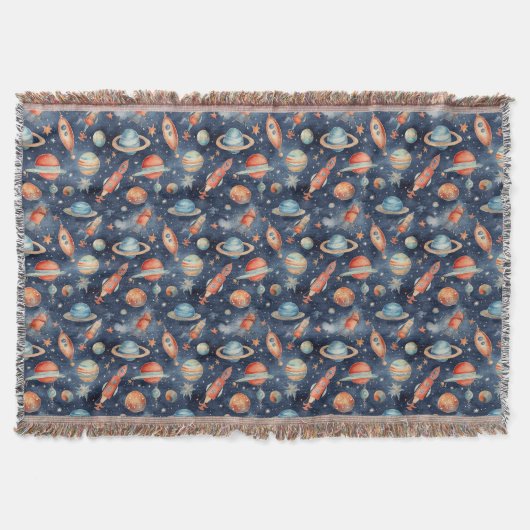 Couverture Bébé mignon Espace Planète Aquarelle Bleu Orange (Devant)