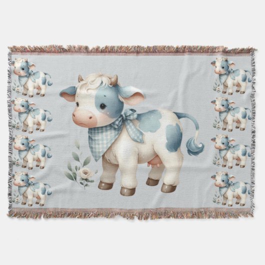 Couverture Bébé Vache Gingham Bleu Pastel Esthétique Ferme (Devant)
