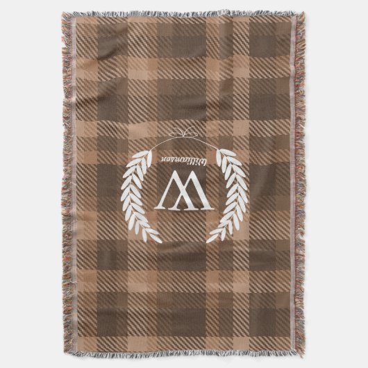 Couverture Blanc Laurels Monogramme Brown Plaid (devant Vertical)