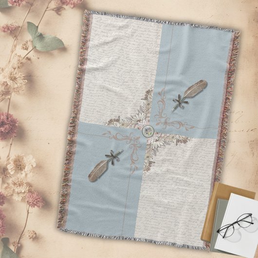 Couverture Bleu Antique Classique Frange Tissée Manuscrit