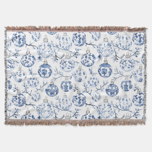 Couverture Bleu Blanc Chic Floral Ornements de Noël (Devant)