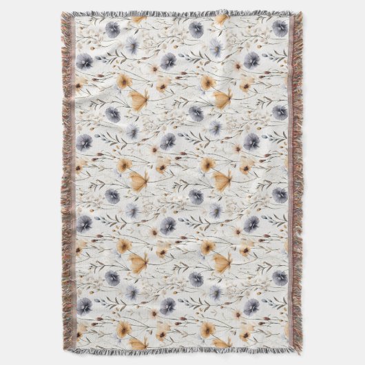 Couverture Bleu Gris Beige Brown Blanc Boho Fleurs Botaniques (devant Vertical)