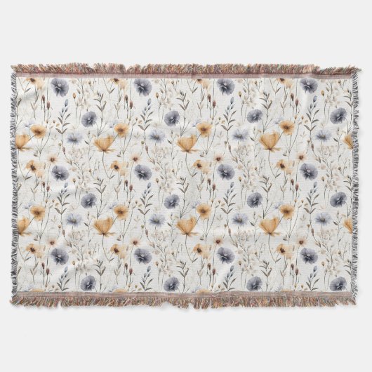 Couverture Bleu Gris Beige Marron Blanc Boho Fleurs Botanique (Devant)