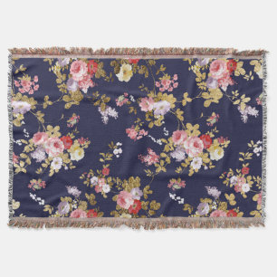 Couverture Boho élégant d'or de rose de bleu marine floral