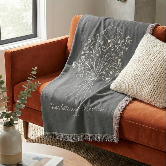 Couverture Boho Flower Line Art Drawing Monogrammed Wedding 