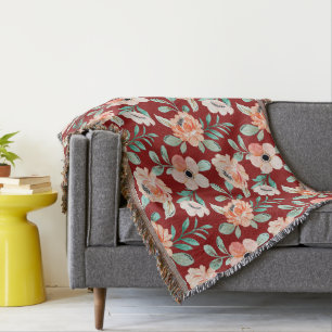 Couverture Boho motif botanique Trendy coloré bordeaux