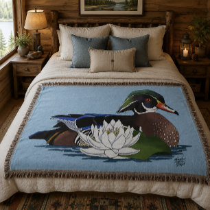 Couverture Canard en bois coloré nénuphar faune bleu