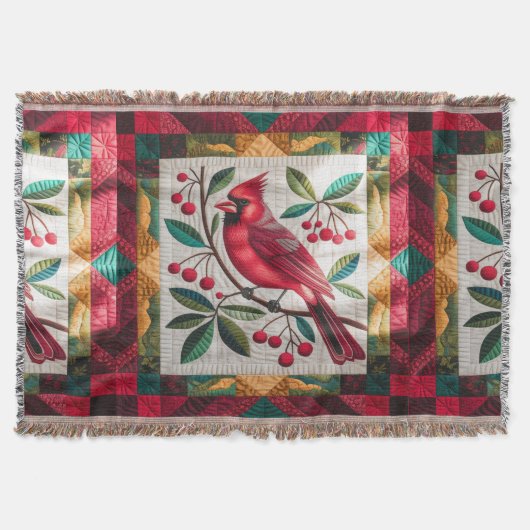 Couverture Cardinal Bird Quilt, Blanche Fleece - Rouge Vibran (Devant)