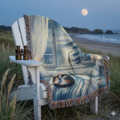 Couverture Chambre Côtière au Clair de Lune avec Chat Endormi