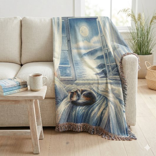Couverture Chambre Côtière au Clair de Lune avec Chat Endormi
